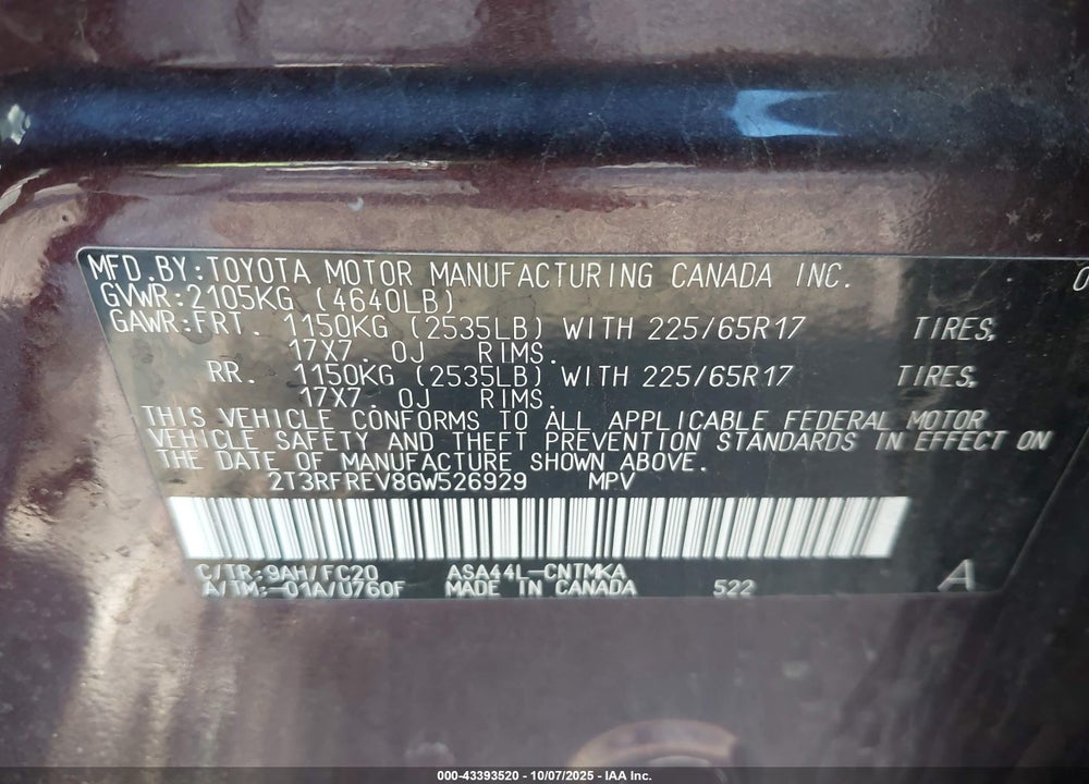 2016 TOYOTA RAV4 VIN: 2T3RFREV8GW526929