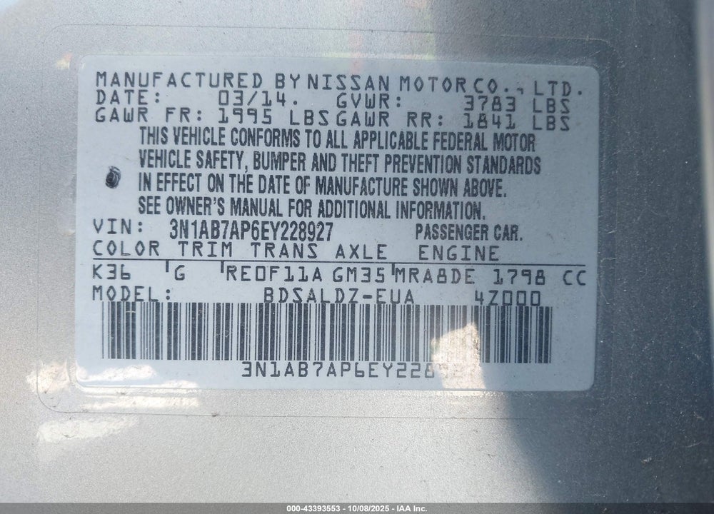 2014 NISSAN SENTRA VIN: 3N1AB7AP6EY228927