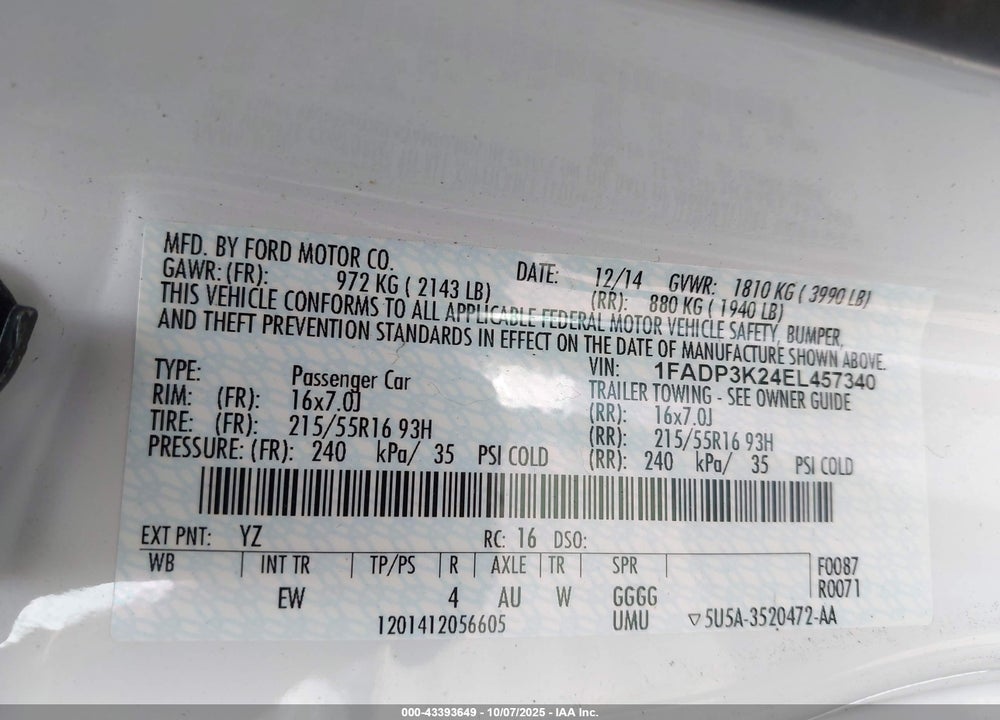 2014 FORD FOCUS VIN: 1FADP3K24EL457340