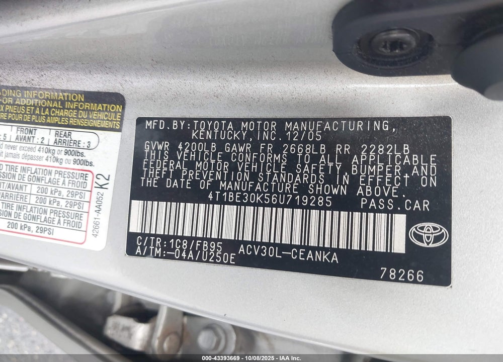 2006 TOYOTA CAMRY LE VIN: 4T1BE30K56U719285