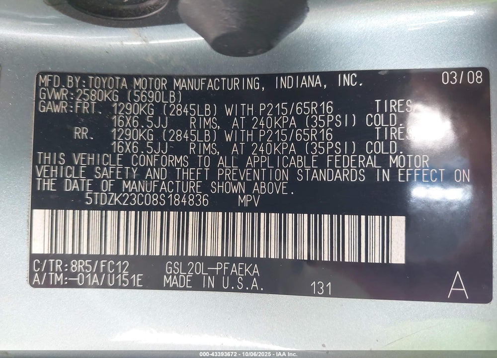 2008 TOYOTA SIENNA LE VIN: 5TDZK23C08S184836