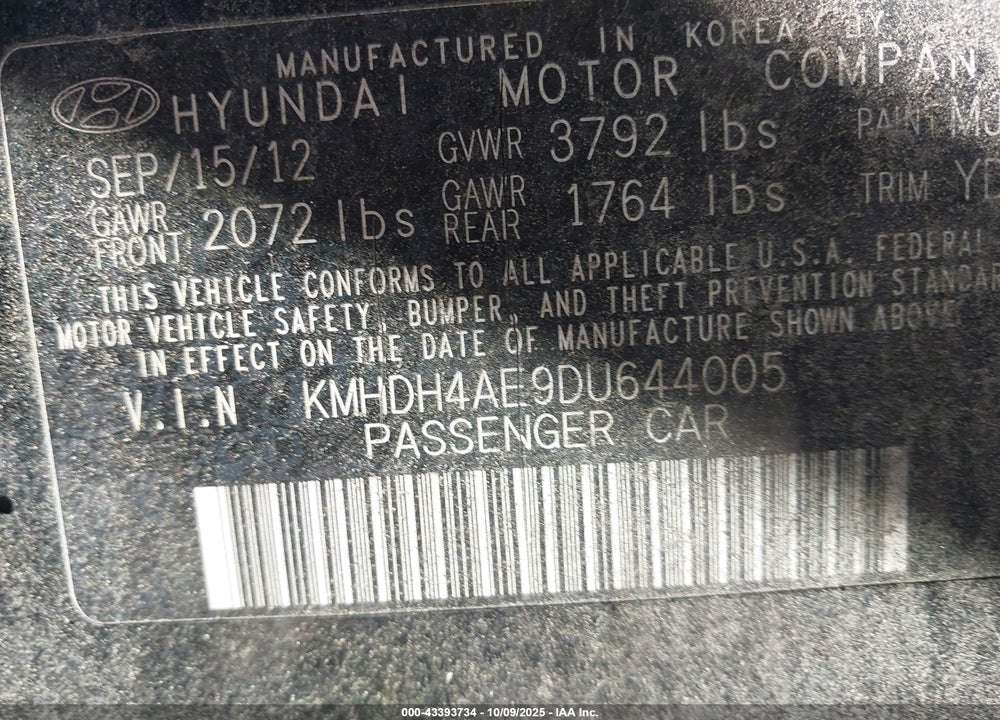 2013 HYUNDAI ELANTRA VIN: KMHDH4AE9DU644005