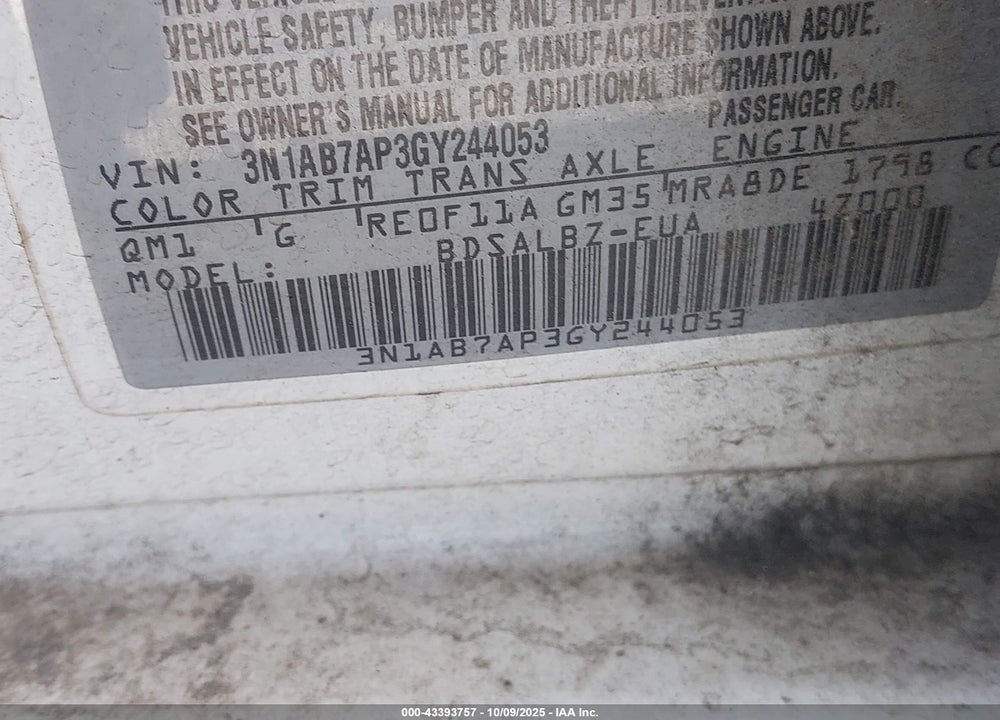 2016 NISSAN SENTRA VIN: 3N1AB7AP3GY244053