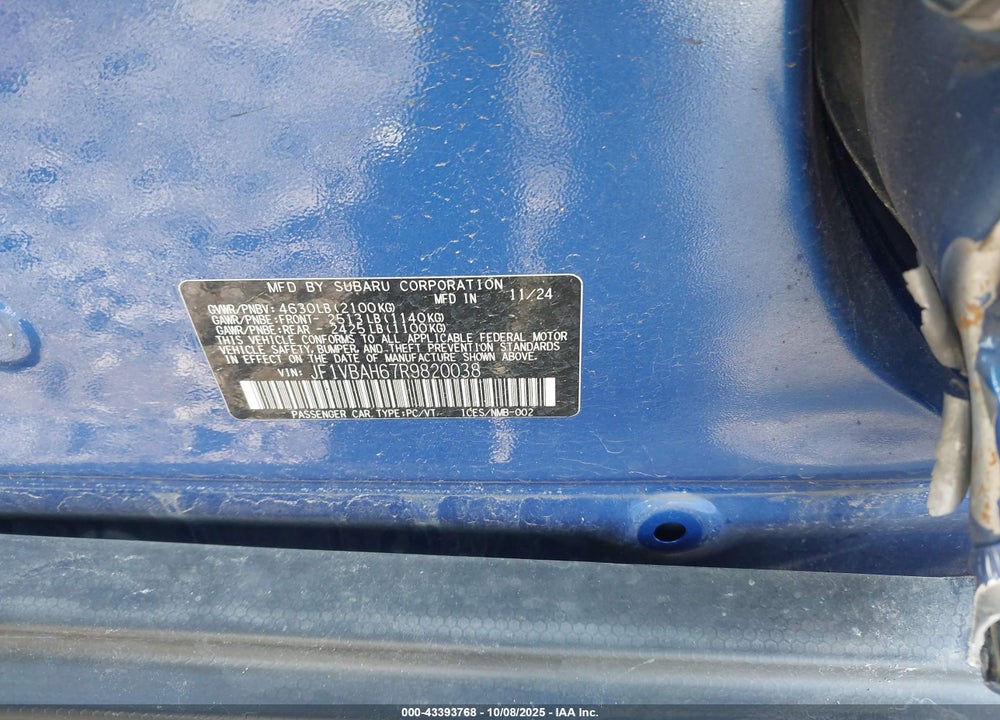 2024 SUBARU WRX PREMIUM VIN: JF1VBAH67R9820038