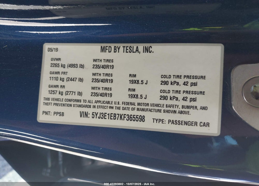 2019 TESLA MODEL 3 LONG RANGE/PERFORMANCE VIN: 5YJ3E1EB7KF365598