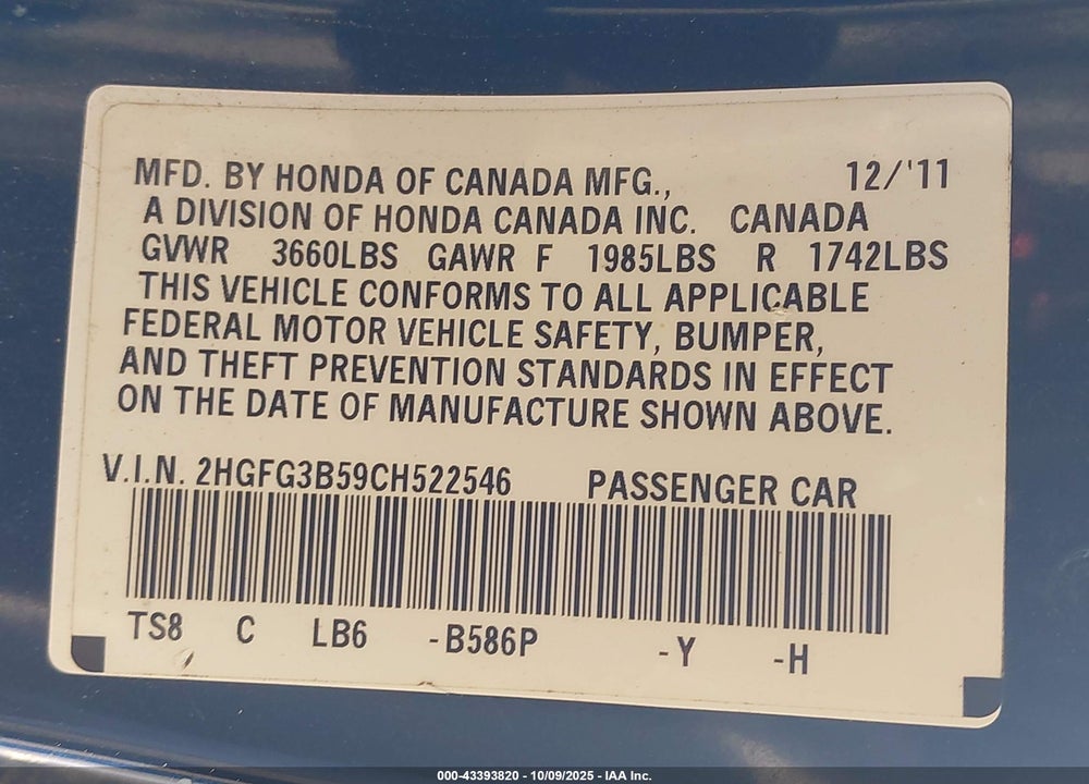 2012 HONDA CIVIC VIN: 2HGFG3B59CH522546