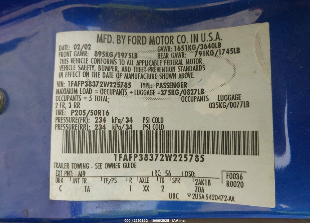 2002 FORD FOCUS ZTS VIN: 1FAFP38372W225785