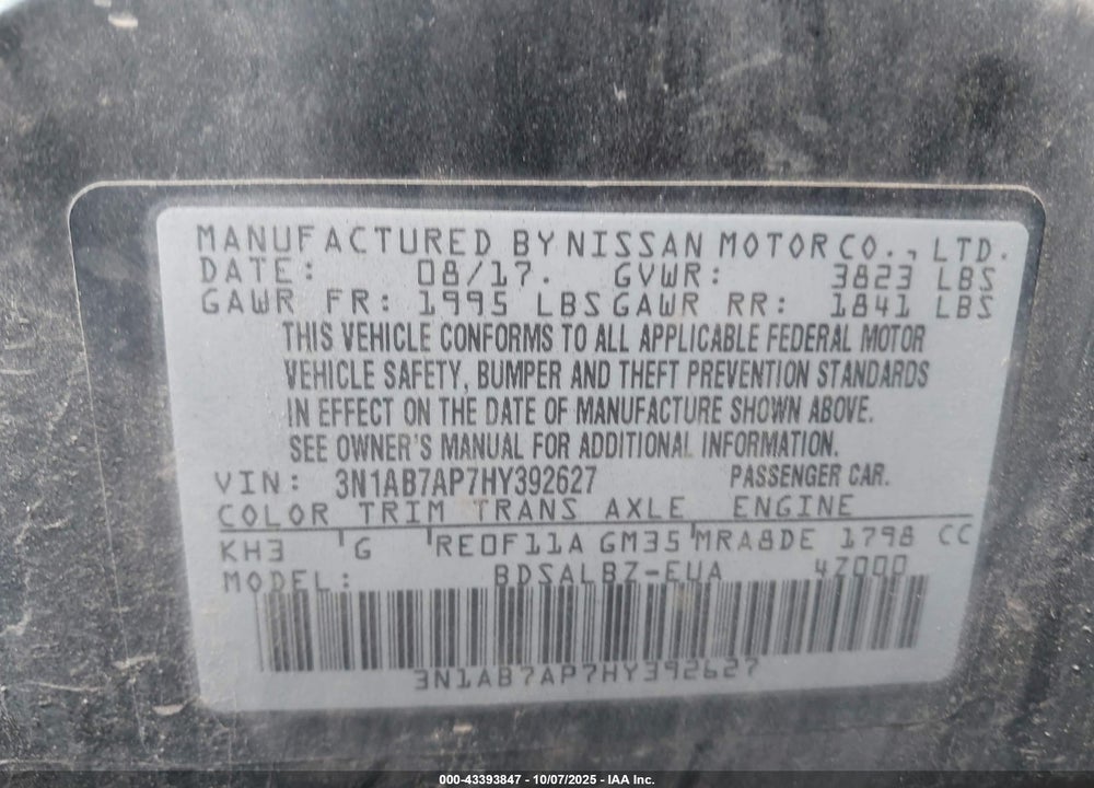 2017 NISSAN SENTRA S VIN: 3N1AB7AP7HY392627