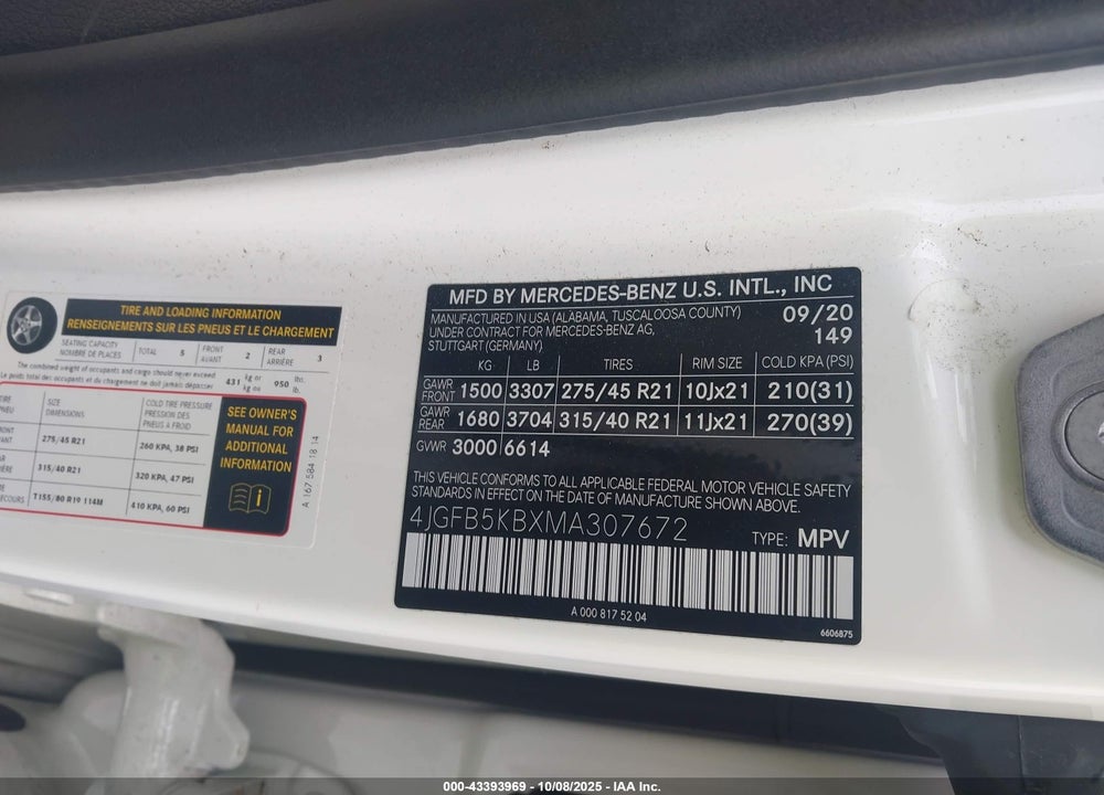 2021 MERCEDES-BENZ GLE CLASS VIN: 4JGFB5KBXMA307672