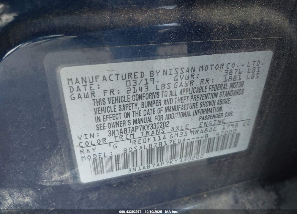 2019 NISSAN SENTRA VIN: 3N1AB7AP7KY330202
