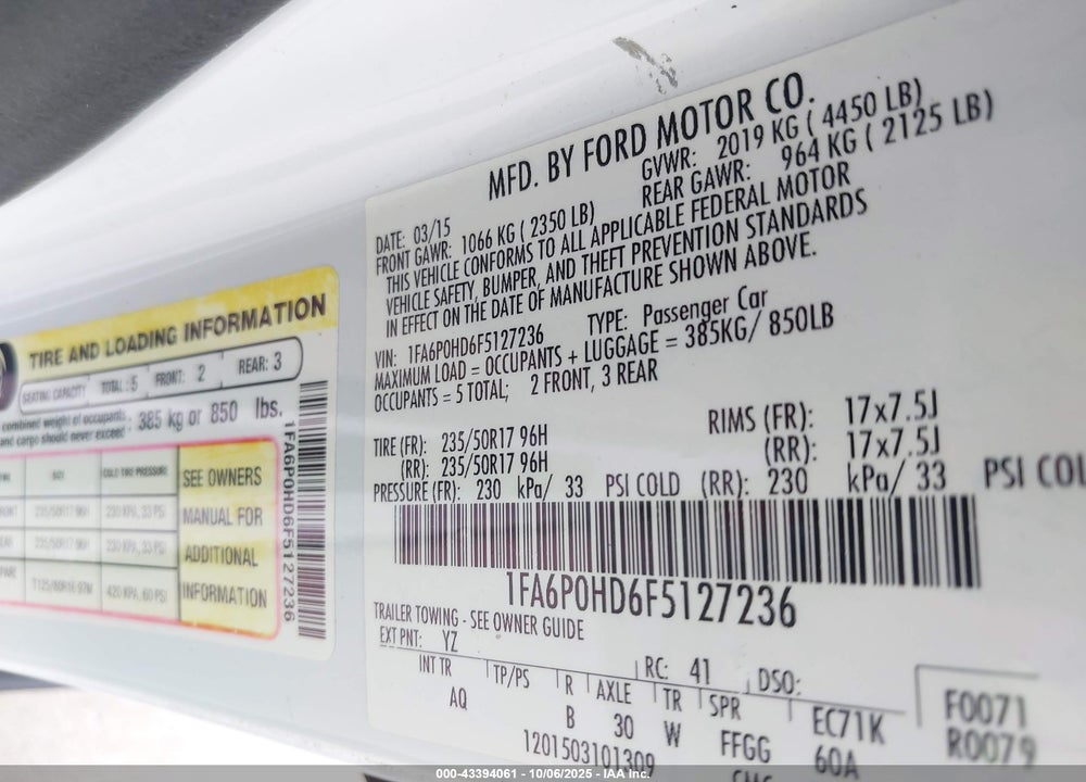 2015 FORD FUSION VIN: 1FA6P0HD6F5127236