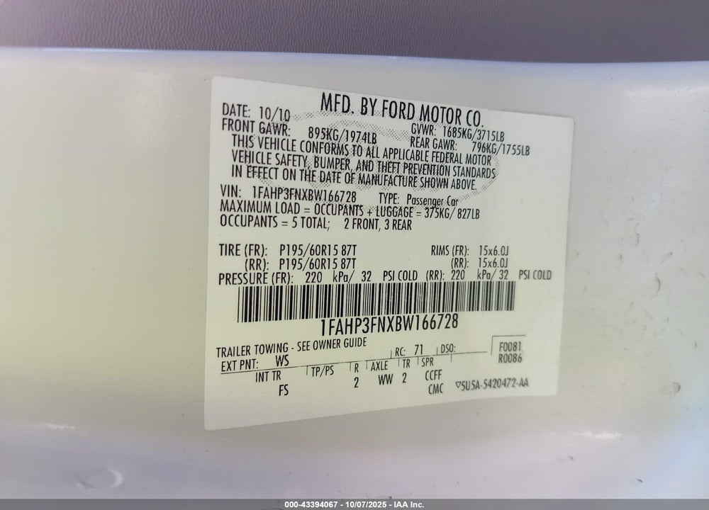 2011 FORD FOCUS SE VIN: 1FAHP3FNXBW166728