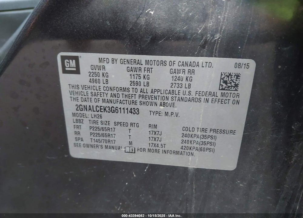 2016 CHEVROLET EQUINOX VIN: 2GNALCEK3G6111433