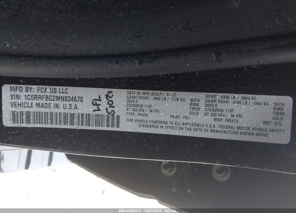 2021 RAM 1500 BIG HORN 4X4 6'4 BOX VIN: 1C6RRFBG2MN834670