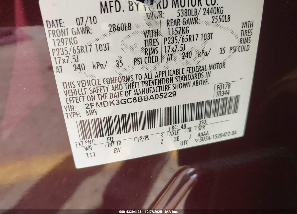2011 FORD EDGE SE VIN: 2FMDK3GC8BBA05229