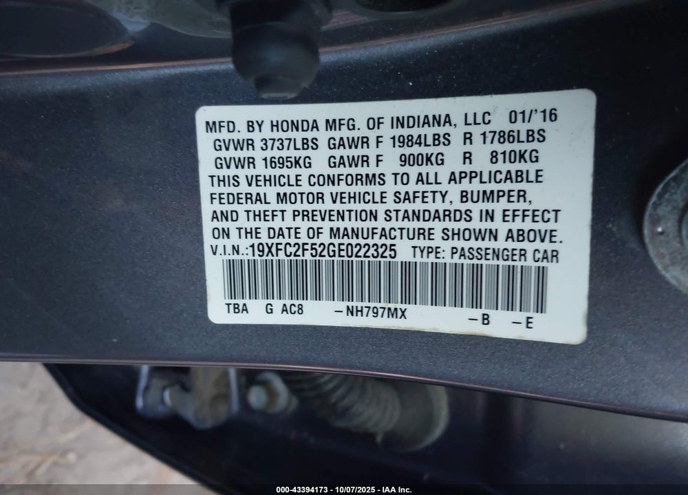 2016 HONDA CIVIC VIN: 19XFC2F52GE022325