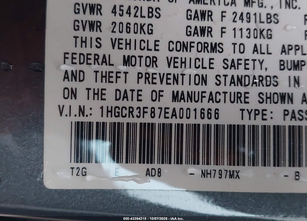 2014 HONDA ACCORD EX-L V-6 VIN: 1HGCR3F87EA001666