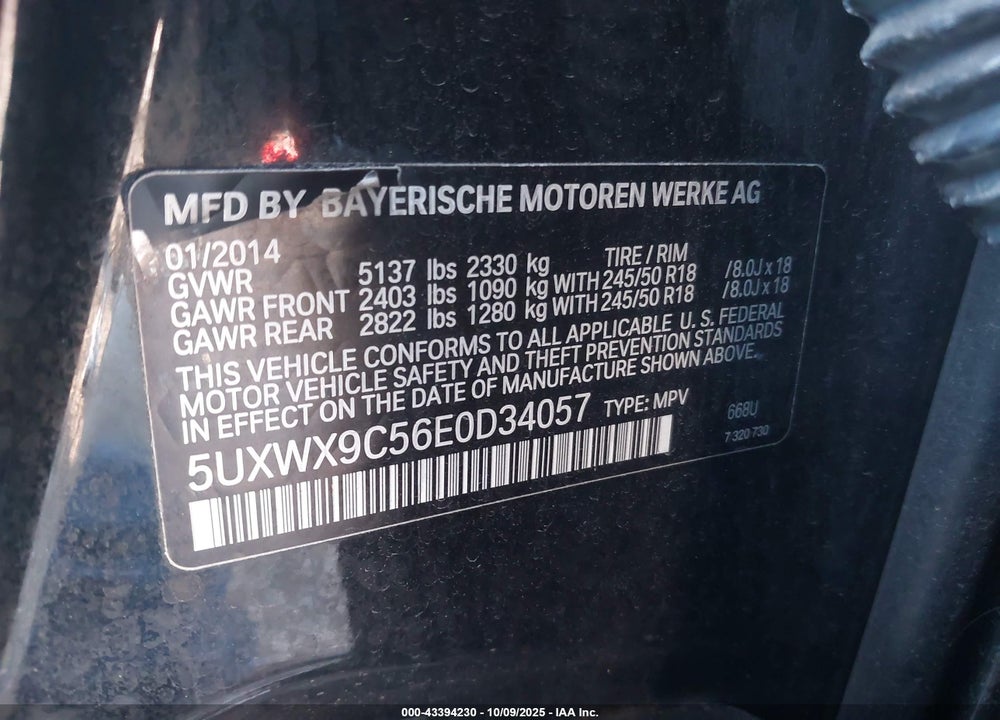 2014 BMW X3 VIN: 5UXWX9C56E0D34057