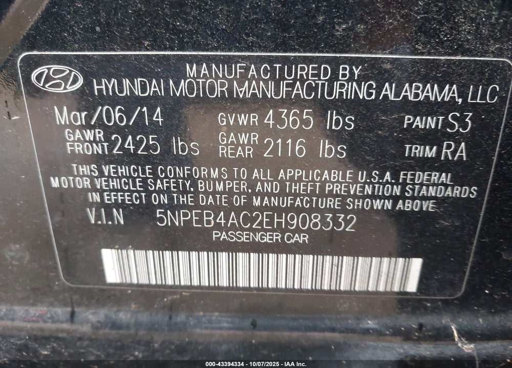 2014 HYUNDAI SONATA VIN: 5NPEB4AC2EH908332