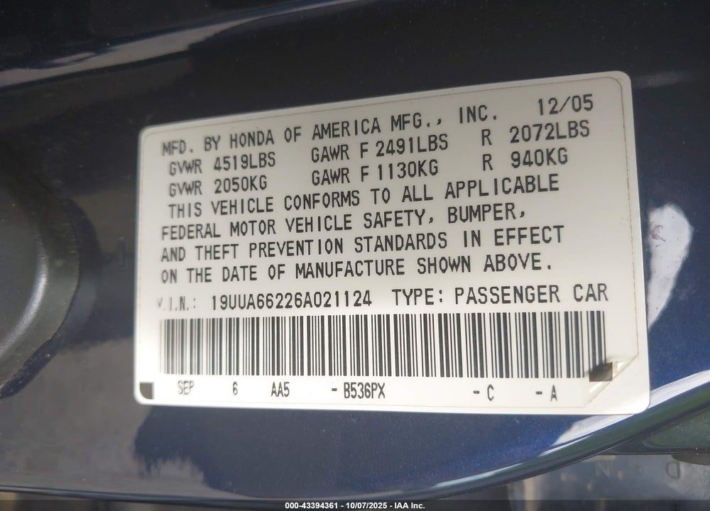 2006 ACURA TL VIN: 19UUA66226A021124