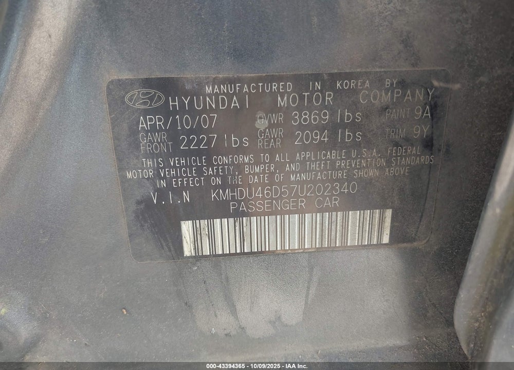 2007 HYUNDAI ELANTRA GLS/LIMITED/SE VIN: KMHDU46D57U202340