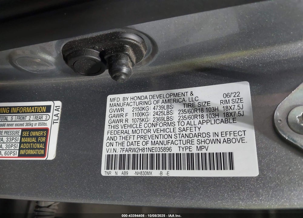 2022 HONDA CR-V AWD EX-L VIN: 7FARW2H81NE035896