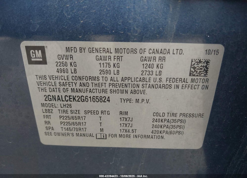2016 CHEVROLET EQUINOX VIN: 2GNALCEK2G6165824