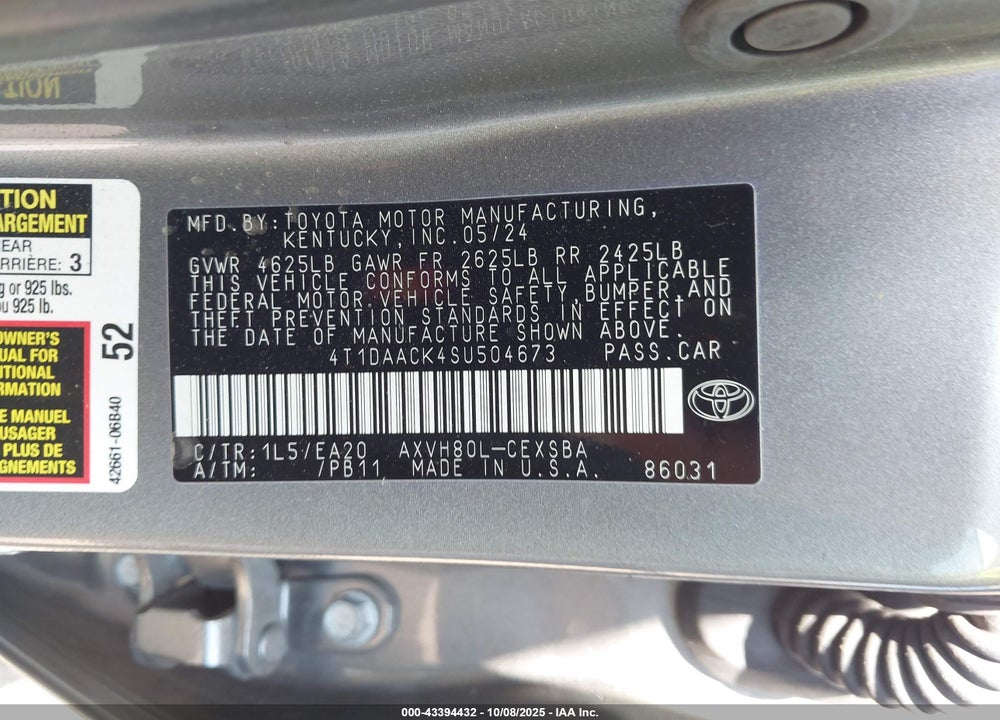 2025 TOYOTA CAMRY SE VIN: 4T1DAACK4SU504673