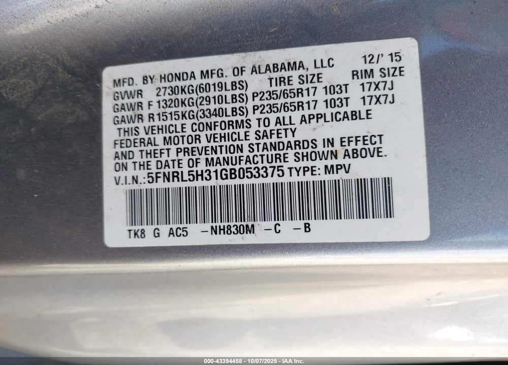 2016 HONDA ODYSSEY VIN: 5FNRL5H31GB053375