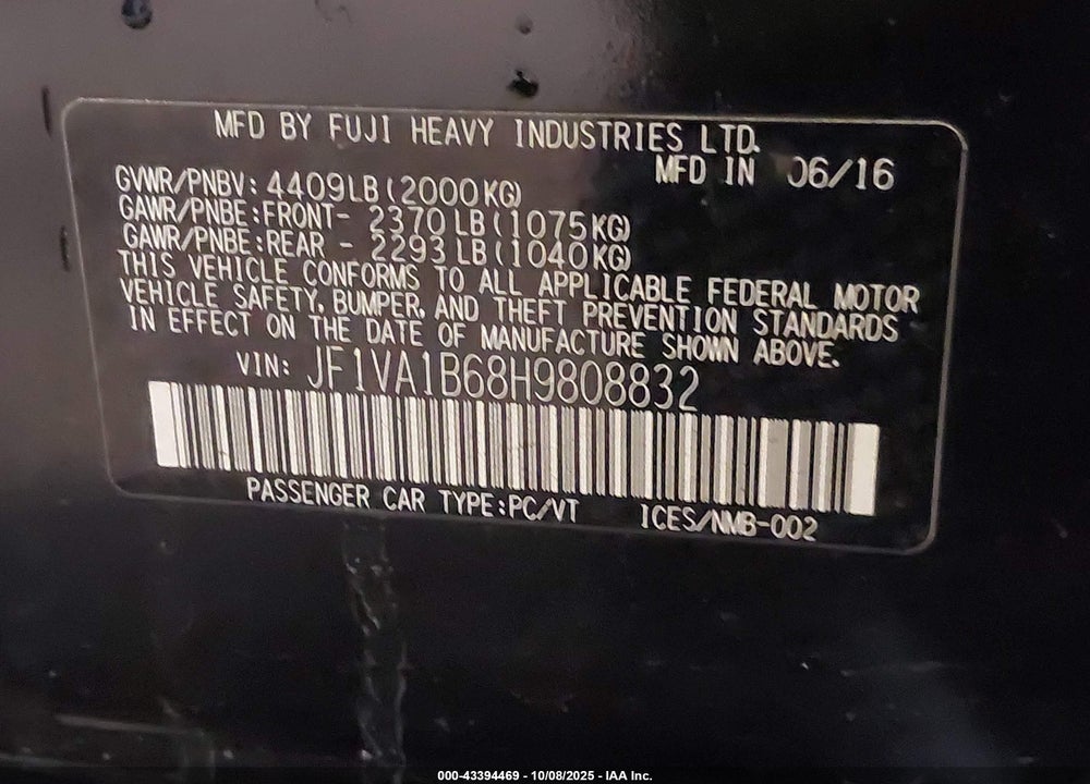 2017 SUBARU WRX VIN: JF1VA1B68H9808832