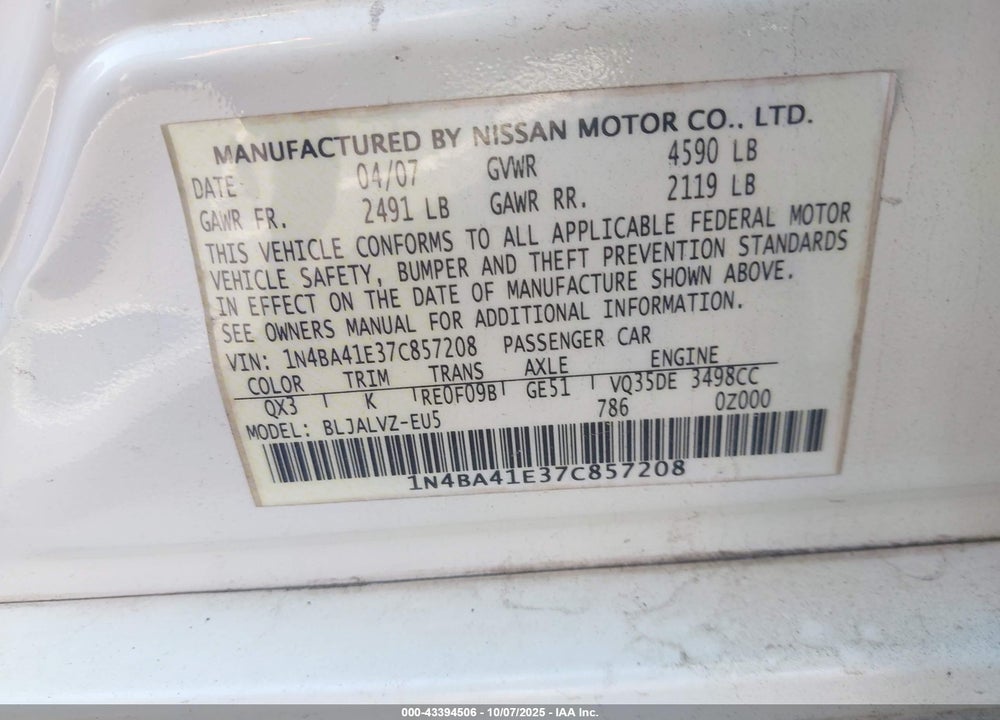 2007 NISSAN MAXIMA 3.5 SE VIN: 1N4BA41E37C857208