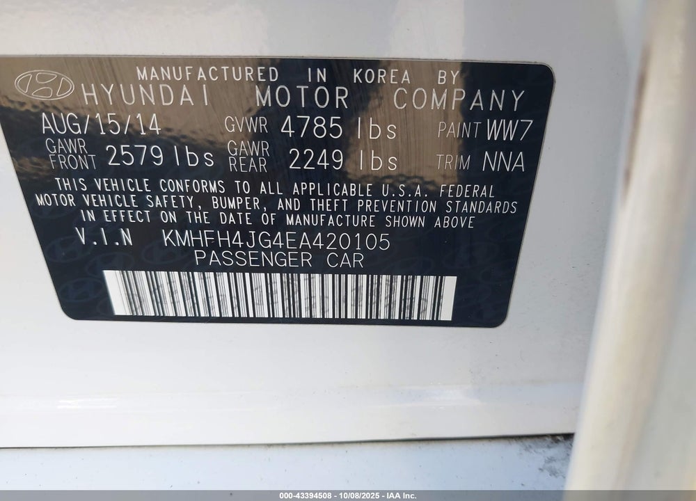 2014 HYUNDAI AZERA VIN: KMHFH4JG4EA420105