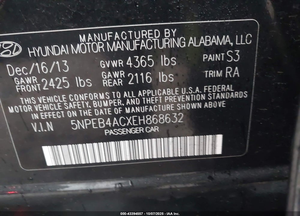 2014 HYUNDAI SONATA VIN: 5NPEB4ACXEH868632