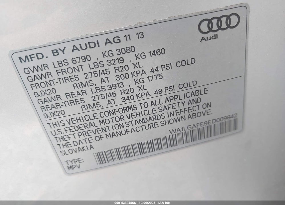 2014 AUDI Q7 VIN: WA1LGAFE9ED009842