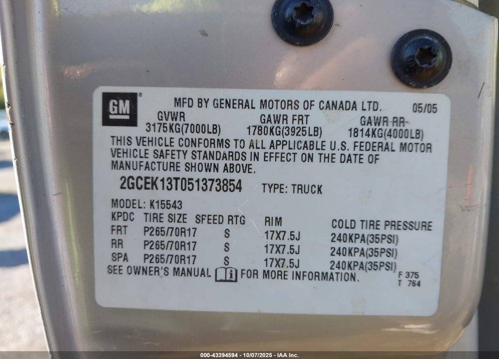 2005 CHEVROLET SILVERADO 1500 Z71 VIN: 2GCEK13T051373854