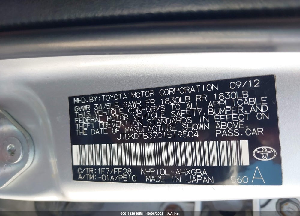 2012 TOYOTA PRIUS C VIN: JTDKDTB37C1519504