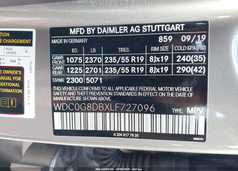 2020 MERCEDES-BENZ GLC 300 VIN: WDC0G8DBXLF727096