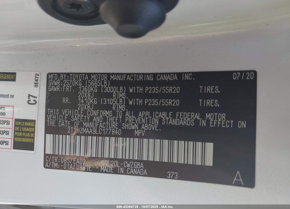 2020 LEXUS RX 350 VIN: 2T2HZMAA9LC177840