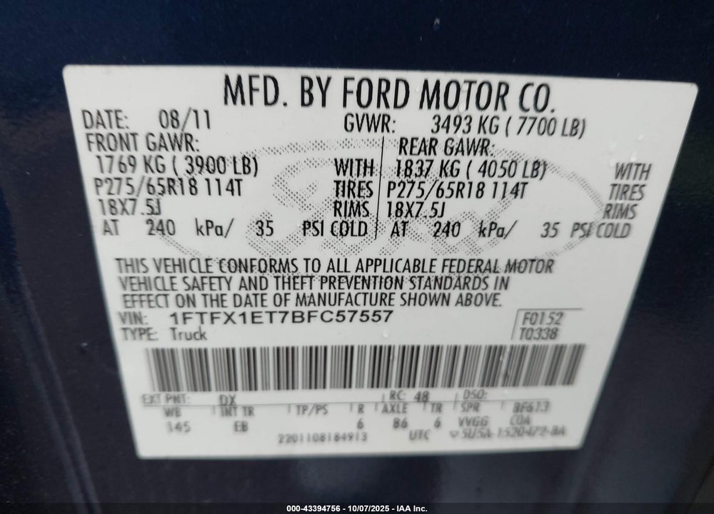 2011 FORD F-150 LARIAT VIN: 1FTFX1ET7BFC57557