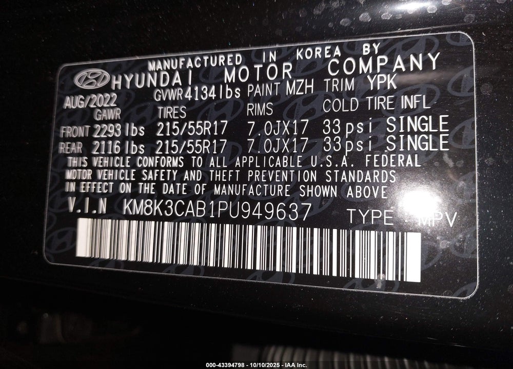 2023 HYUNDAI KONA SEL VIN: KM8K3CAB1PU949637
