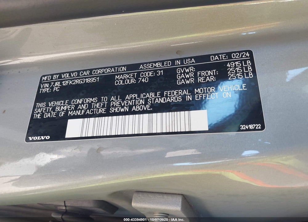 2024 VOLVO S60 B5 CORE DARK THEME VIN: 7JRL12FK2RG318951