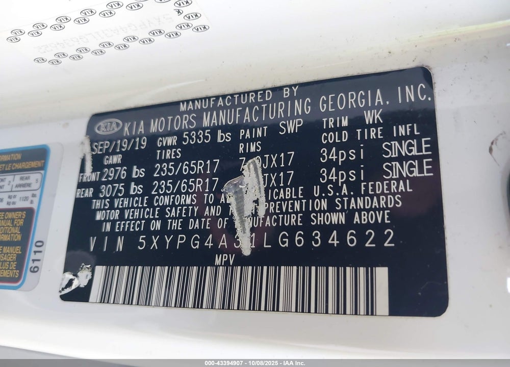 2020 KIA SORENTO 2.4L LX VIN: 5XYPG4A31LG634622