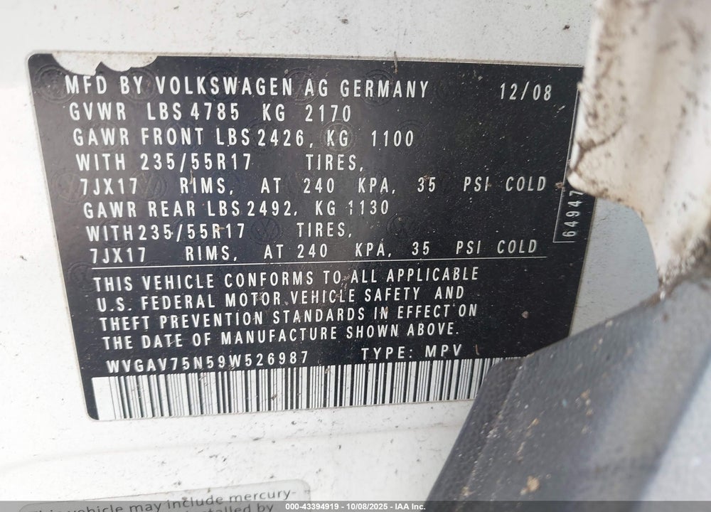2009 VOLKSWAGEN TIGUAN SE VIN: WVGAV75N59W526987