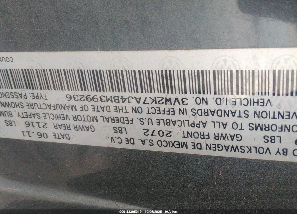 2011 VOLKSWAGEN JETTA VIN: 3VW2K7AJ4BM399236