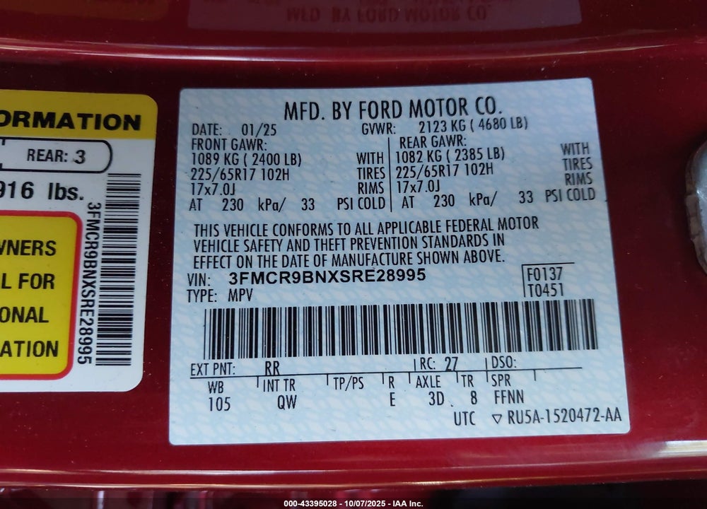 2025 FORD BRONCO SPORT BIG BEND VIN: 3FMCR9BNXSRE28995