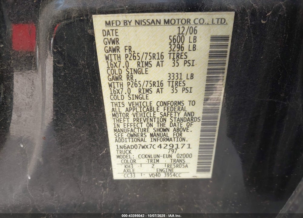 2007 NISSAN FRONTIER NISMO OFF ROAD VIN: 1N6AD07WX7C429171