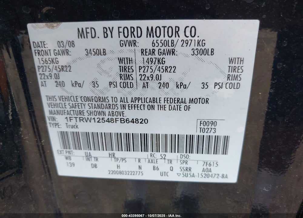 2008 FORD F-150 HARLEY-DAVIDSON/LIMITED VIN: 1FTRW12548FB64820