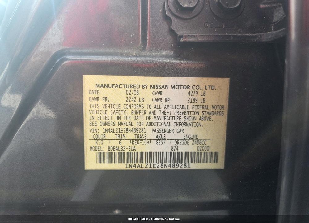 2008 NISSAN ALTIMA 2.5 S VIN: 1N4AL21E28N489281