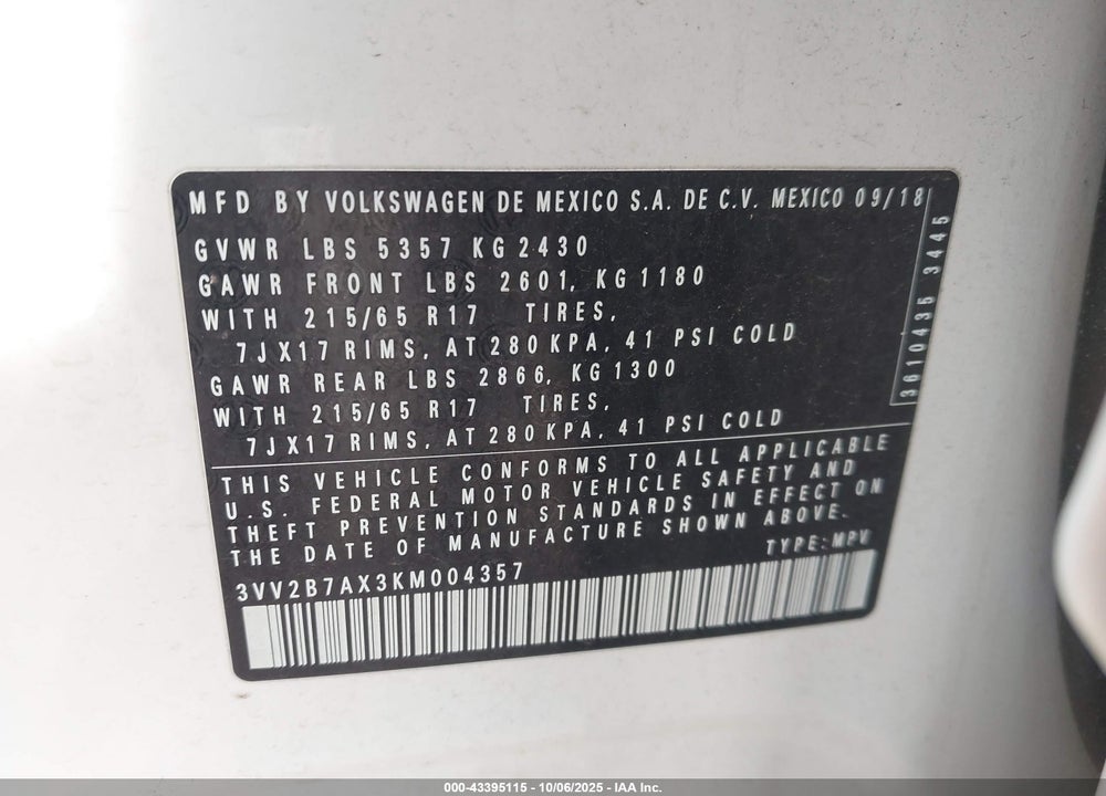 2019 VOLKSWAGEN TIGUAN 2.0T SE/2.0T SEL/2.0T SEL R-LINE/2.0T SEL R-LINE BLACK VIN: 3VV2B7AX3KM004357