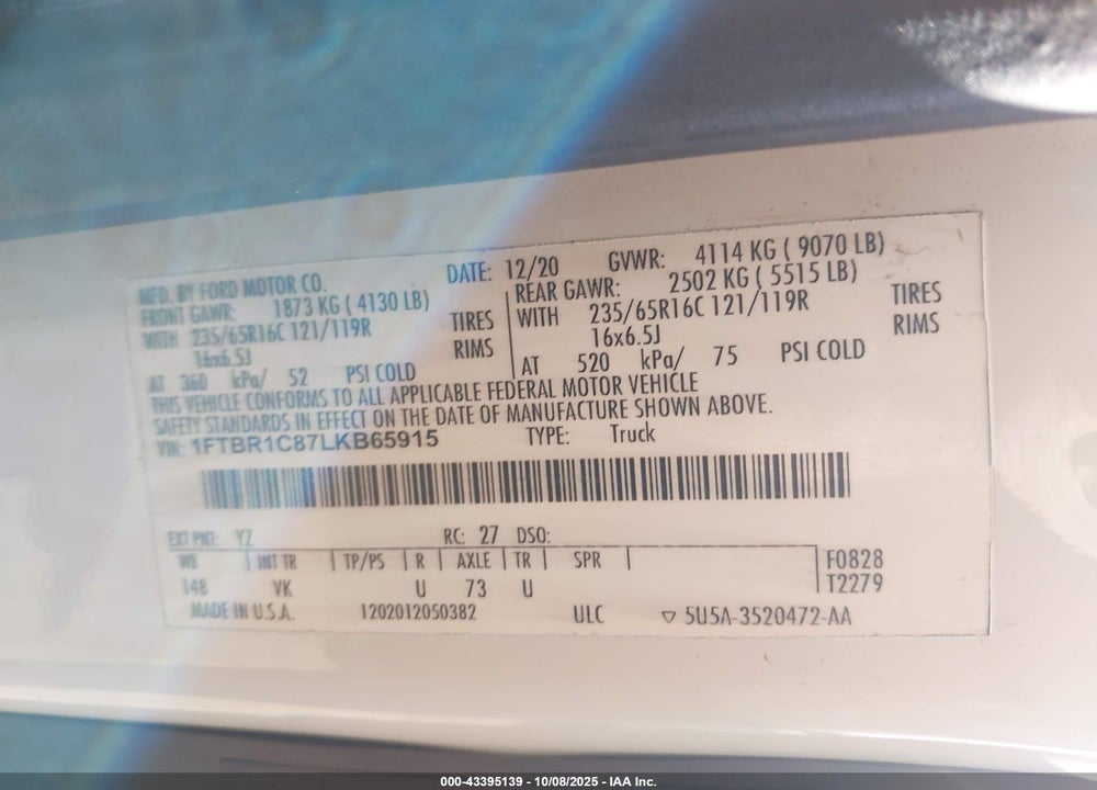 2020 FORD TRANSIT-250 VIN: 1FTBR1C87LKB65915